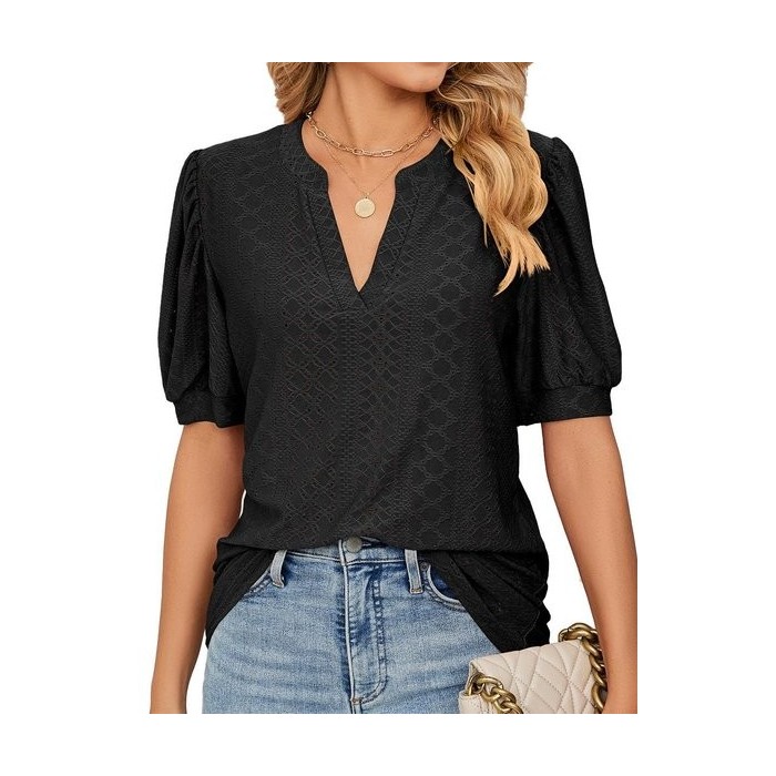 Women Plain Short Sleeve Tee T-shirt V Neck Elegant Summer Top