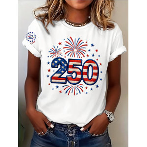 Women Independence Day (Flag) Short Sleeve Tee T-shirt Crew Neck Printing Casual Graphic Tee Summer Top