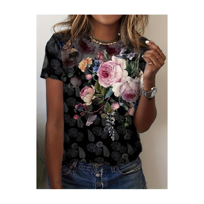 Women Floral Short Sleeve Tee T-shirt Crew Neck Printing Casual Graphic Tee Summer Top