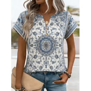 Women Nationality/ethnic Short Sleeve Tee T-shirt V Neck Elegant Summer Top