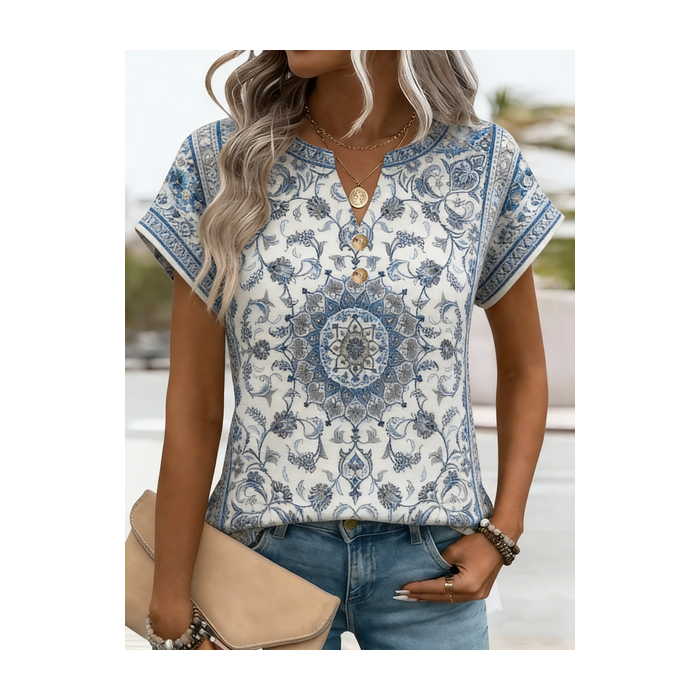 Women Nationality/ethnic Short Sleeve Tee T-shirt V Neck Elegant Summer Top