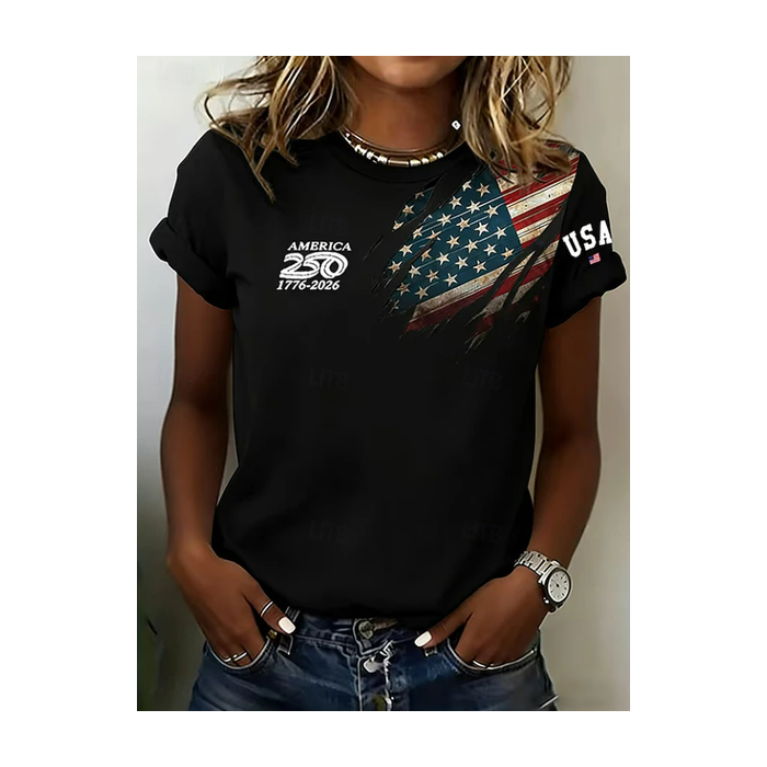 Women Independence Day (Flag) Short Sleeve Tee T-shirt Crew Neck Printing Casual Graphic Tee Summer Top