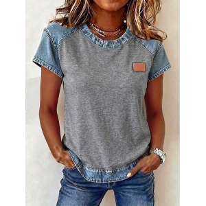 Women Plain Short Sleeve Tee T-shirt Crew Neck Printing Vintage Summer Top