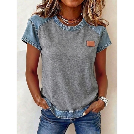 Women Plain Short Sleeve Tee T-shirt Crew Neck Printing Vintage Summer Top