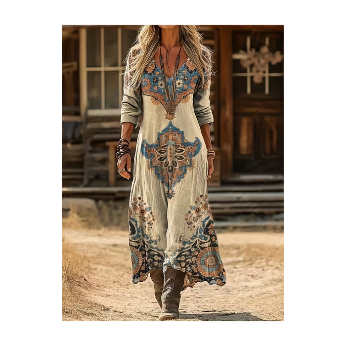 Women Abstract Long Sleeve Spring/Fall Printing Dress V Neck Daily Vintage Maxi H-Line Dress