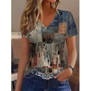 Women Abstract Short Sleeve Tee T-shirt V Neck Printing Vintage Summer Top