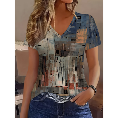 Women Abstract Short Sleeve Tee T-shirt V Neck Printing Vintage Summer Top