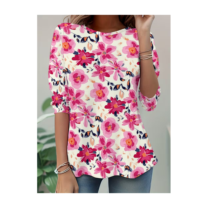 Women Floral Long Sleeve Tee T-shirt Crew Neck Casual Tunic Spring/Fall Top