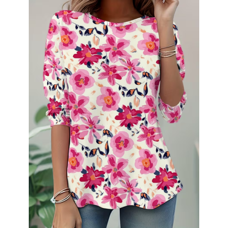 Women Floral Long Sleeve Tee T-shirt Crew Neck Casual Tunic Spring/Fall Top