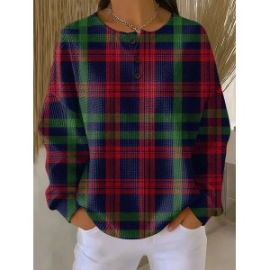 Women Plaid Crew Neck Printing Casual Spring/Fall Long Sleeve Sweatshirt