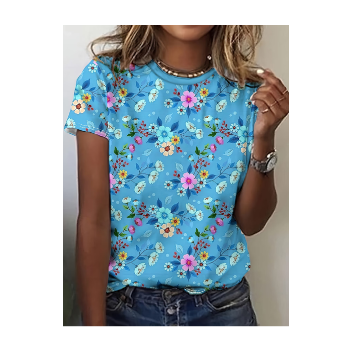 Women Floral Short Sleeve Tee T-shirt Crew Neck Printing Casual Graphic Tee Summer Top