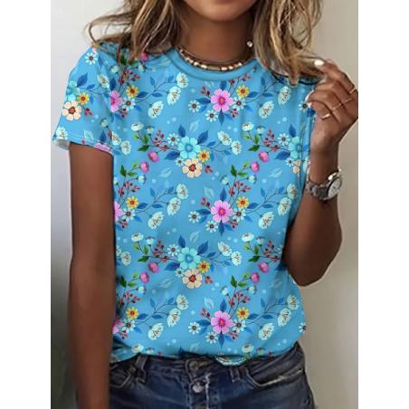 Women Floral Short Sleeve Tee T-shirt Crew Neck Printing Casual Graphic Tee Summer Top