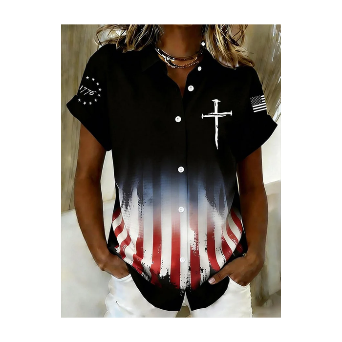 Women America Flag Shirt Collar Short Sleeve Shirt Printing Casual Daily Summer Top