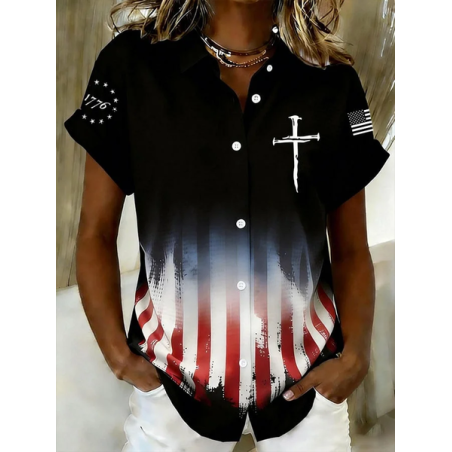 Women America Flag Shirt Collar Short Sleeve Shirt Printing Casual Daily Summer Top