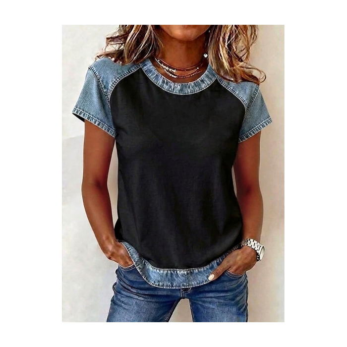 Women Plain Short Sleeve Tee T-shirt Crew Neck Vintage Summer Top