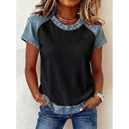 Women Plain Short Sleeve Tee T-shirt Crew Neck Vintage Summer Top