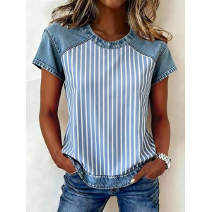 Women Striped Short Sleeve Tee T-shirt Crew Neck Printing Vintage Summer Top