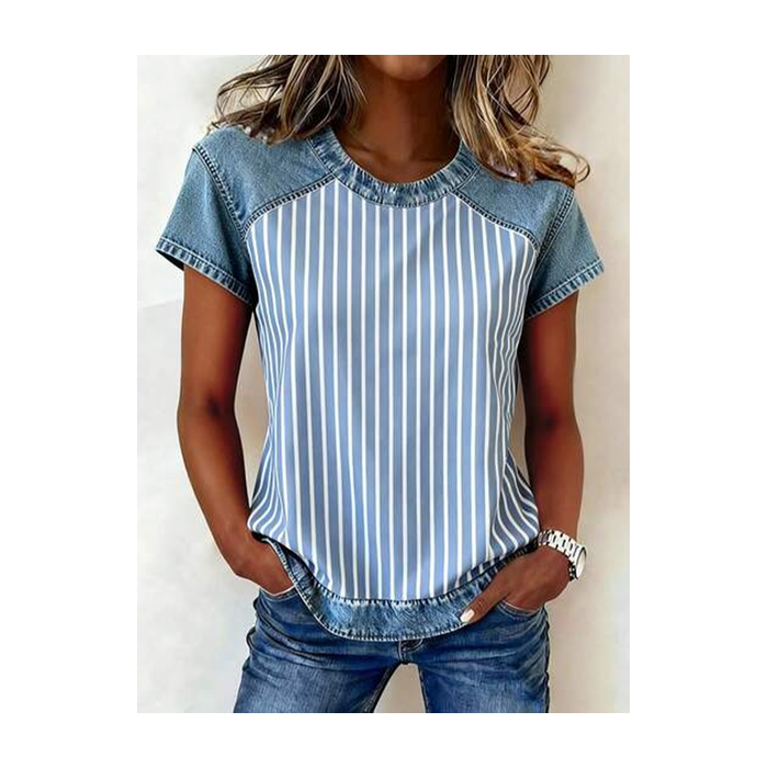Women Striped Short Sleeve Tee T-shirt Crew Neck Printing Vintage Summer Top