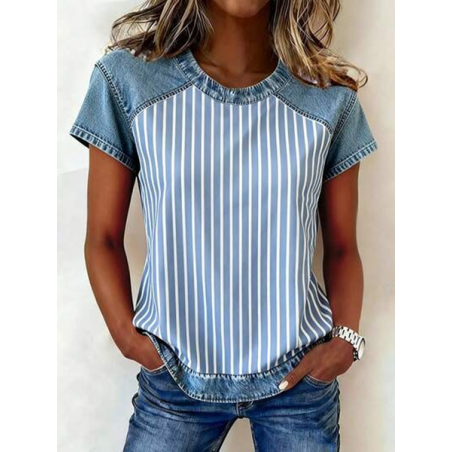 Women Striped Short Sleeve Tee T-shirt Crew Neck Printing Vintage Summer Top