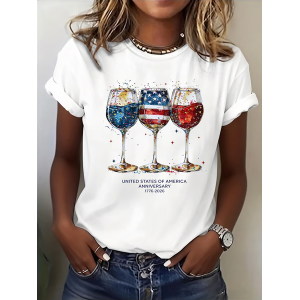 Women Independence Day (Flag) Short Sleeve Tee T-shirt Crew Neck Printing Casual Graphic Tee Summer Top