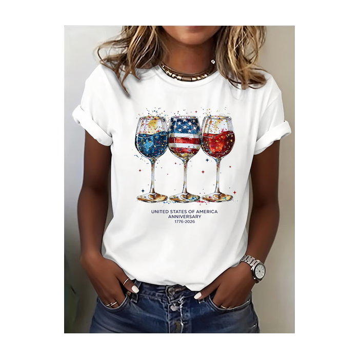 Women Independence Day (Flag) Short Sleeve Tee T-shirt Crew Neck Printing Casual Graphic Tee Summer Top
