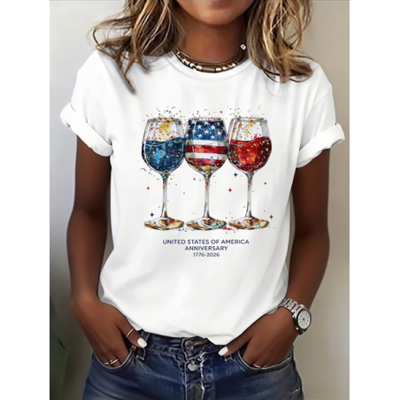 Women Independence Day (Flag) Short Sleeve Tee T-shirt Crew Neck Printing Casual Graphic Tee Summer Top