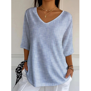 Women Striped Three Quarter Sleeve Tee T-shirt V Neck Printing Casual Graphic Tee Spring/Fall Top