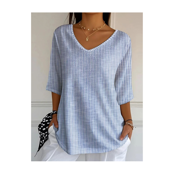 Women Striped Three Quarter Sleeve Tee T-shirt V Neck Printing Casual Graphic Tee Spring/Fall Top