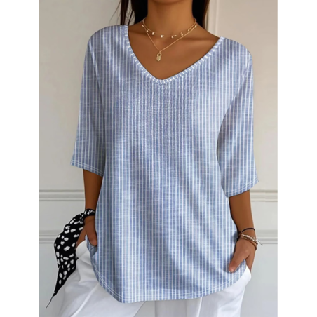 Women Striped Three Quarter Sleeve Tee T-shirt V Neck Printing Casual Graphic Tee Spring/Fall Top