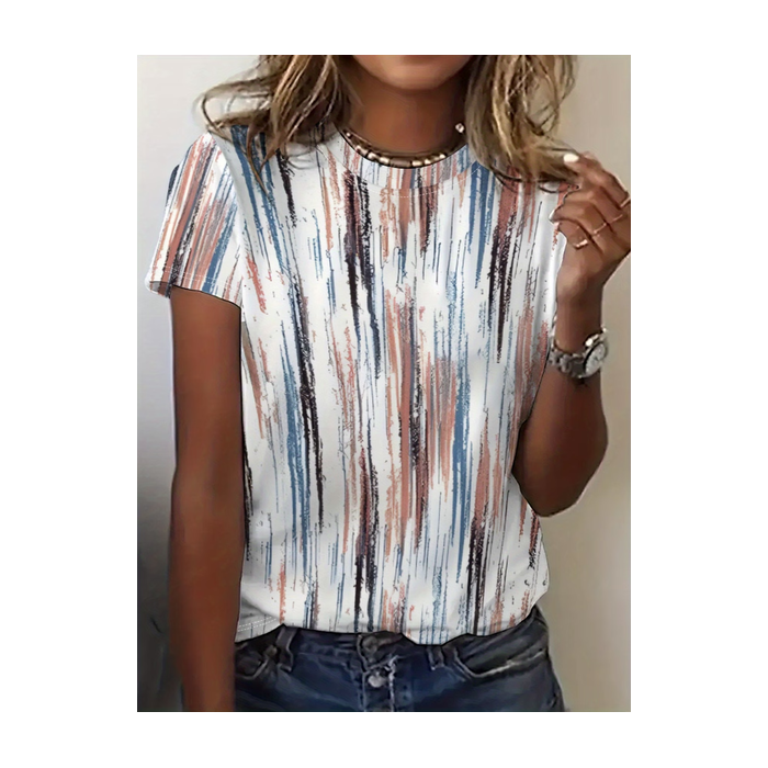 Women Abstract Stripes Short Sleeve Tee T-shirt Crew Neck Printing Casual Graphic Tee Summer Top