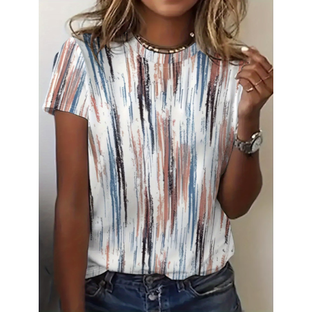 Women Abstract Stripes Short Sleeve Tee T-shirt Crew Neck Printing Casual Graphic Tee Summer Top