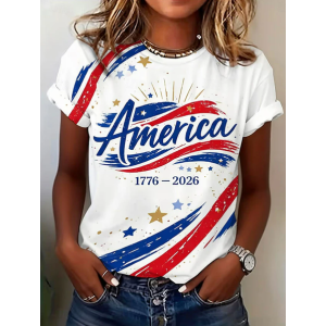 Women Independence Day (Flag) Short Sleeve Tee T-shirt Crew Neck Printing Casual Graphic Tee Summer Top
