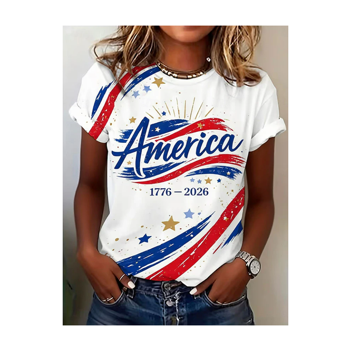 Women Independence Day (Flag) Short Sleeve Tee T-shirt Crew Neck Printing Casual Graphic Tee Summer Top