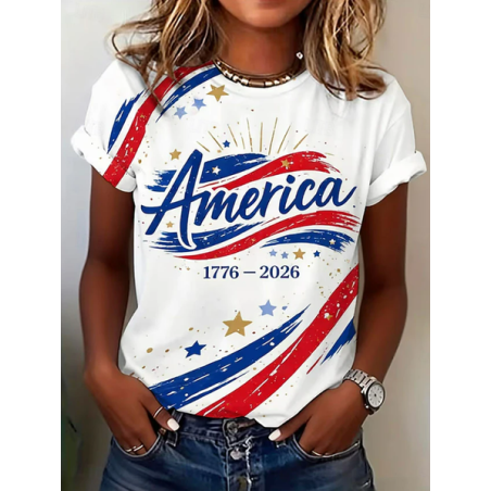 Women Independence Day (Flag) Short Sleeve Tee T-shirt Crew Neck Printing Casual Graphic Tee Summer Top