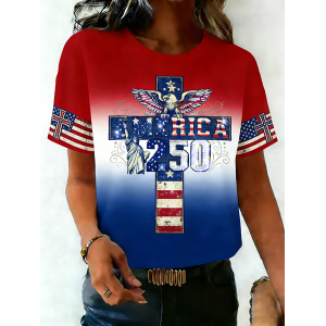 Women Independence Day (Flag) Short Sleeve Tee T-shirt Crew Neck Printing Casual Graphic Tee Summer Top