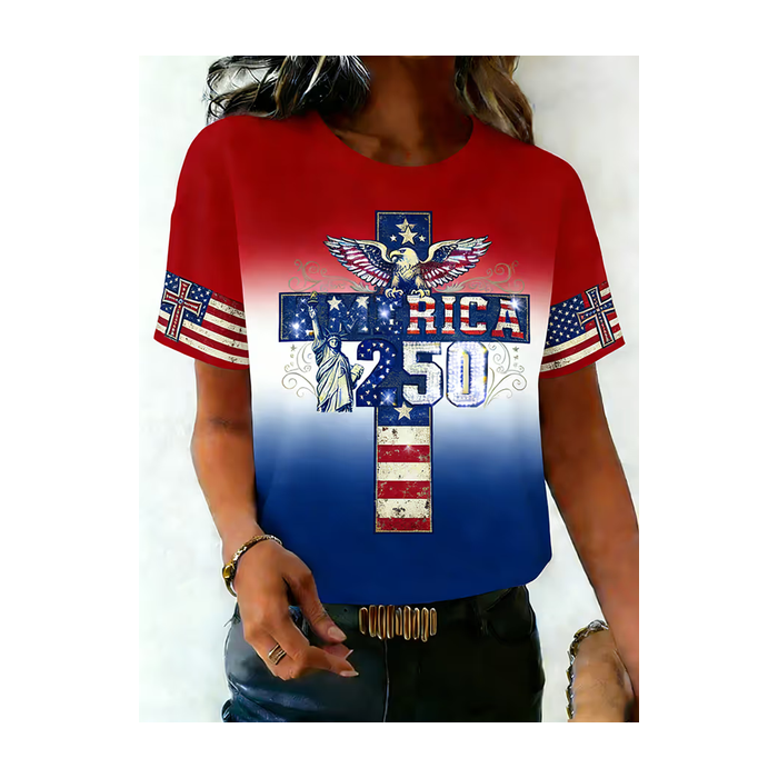 Women Independence Day (Flag) Short Sleeve Tee T-shirt Crew Neck Printing Casual Graphic Tee Summer Top