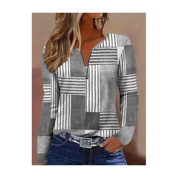 Women Abstract Long Sleeve Tee T-shirt V Neck Printing Vintage Spring/Fall Top