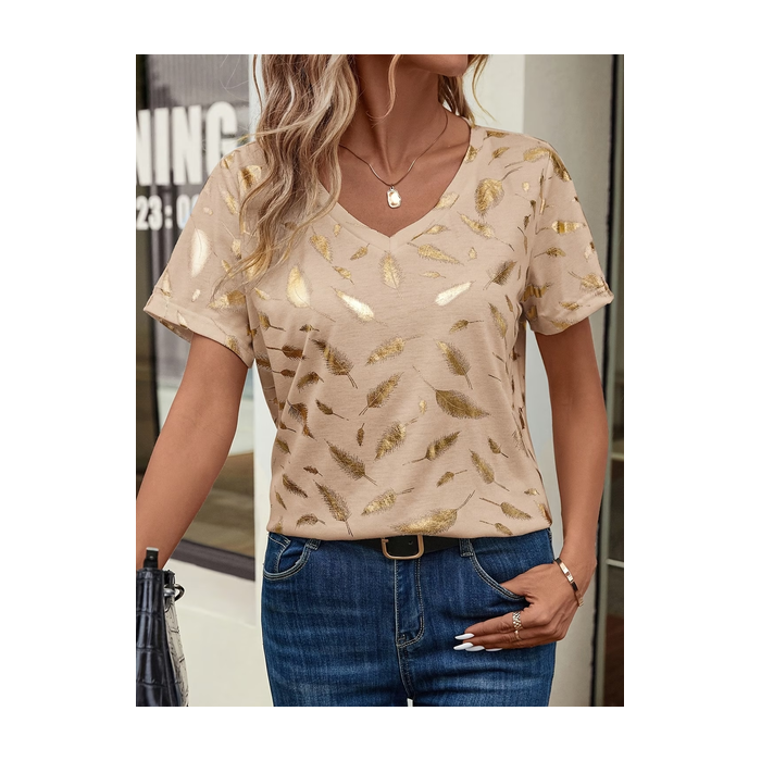 Women Leaf Short Sleeve Tee T-shirt V Neck Printing Vintage Summer Top