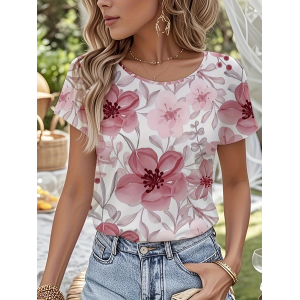Women Floral Short Sleeve Tee T-shirt Crew Neck Printing Casual Graphic Tee Summer Top