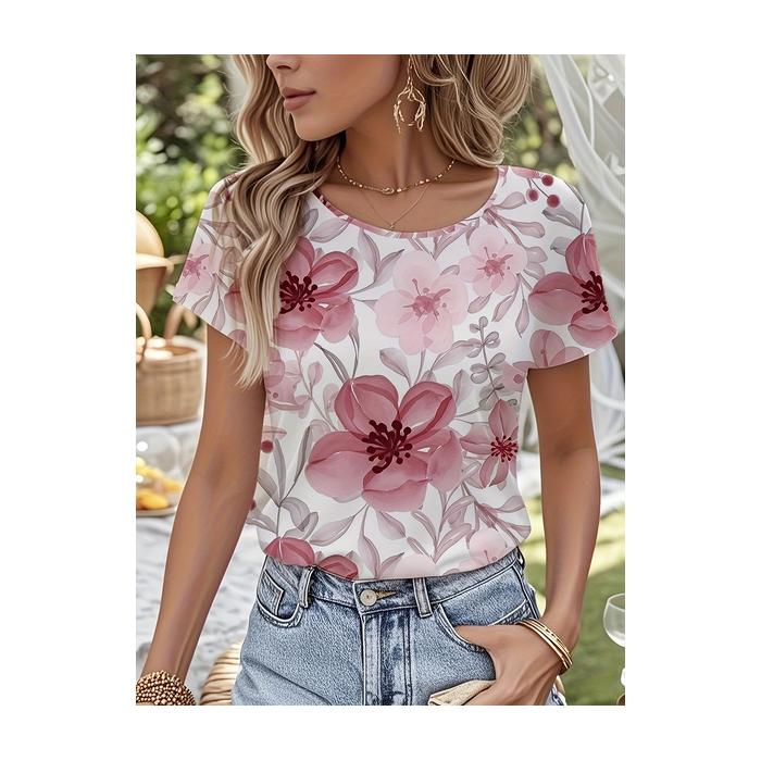 Women Floral Short Sleeve Tee T-shirt Crew Neck Printing Casual Graphic Tee Summer Top