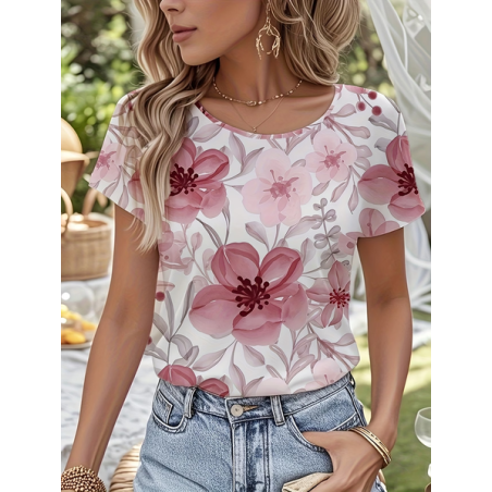 Women Floral Short Sleeve Tee T-shirt Crew Neck Printing Casual Graphic Tee Summer Top