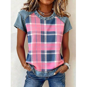 Women Plaid Short Sleeve Tee T-shirt Crew Neck Printing Vintage Summer Top