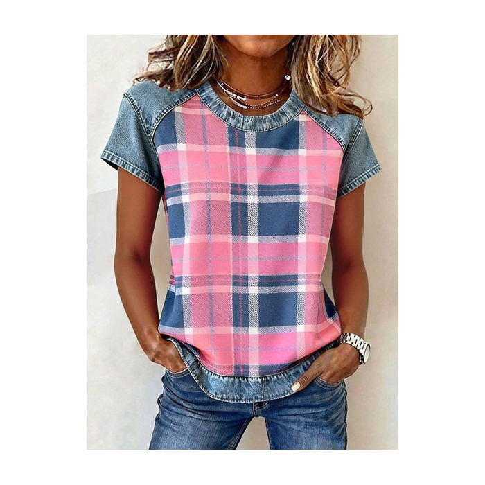 Women Plaid Short Sleeve Tee T-shirt Crew Neck Printing Vintage Summer Top