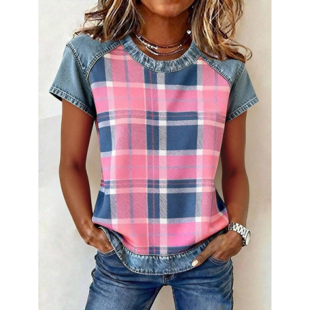 Women Plaid Short Sleeve Tee T-shirt Crew Neck Printing Vintage Summer Top