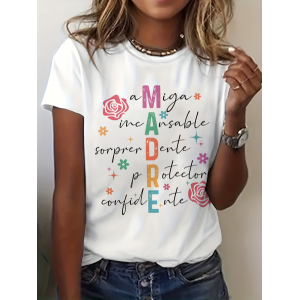 Women Text Letters Short Sleeve Tee T-shirt Crew Neck Printing Casual Graphic Tee Summer Top