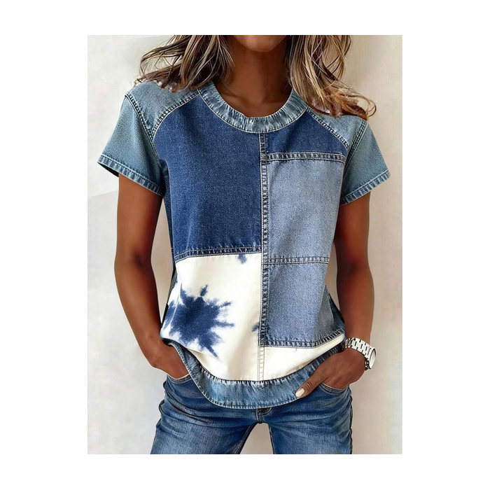 Women Faux Denim Print Graphic Short Sleeve Tee T-shirt Crew Neck Printing Vintage Summer Top