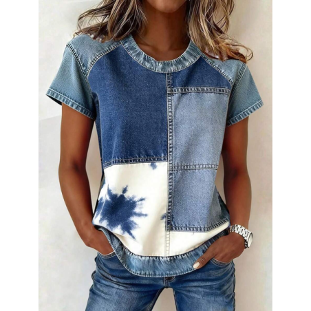 Women Faux Denim Print Graphic Short Sleeve Tee T-shirt Crew Neck Printing Vintage Summer Top
