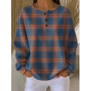 Women Plaid Crew Neck Printing Casual Spring/Fall Long Sleeve Sweatshirt