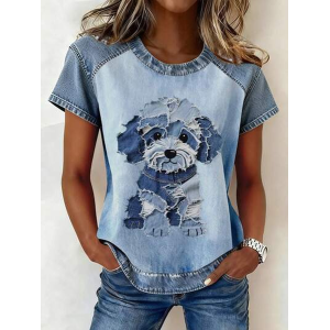 Women Dog Short Sleeve Tee T-shirt Crew Neck Printing Vintage Summer Top