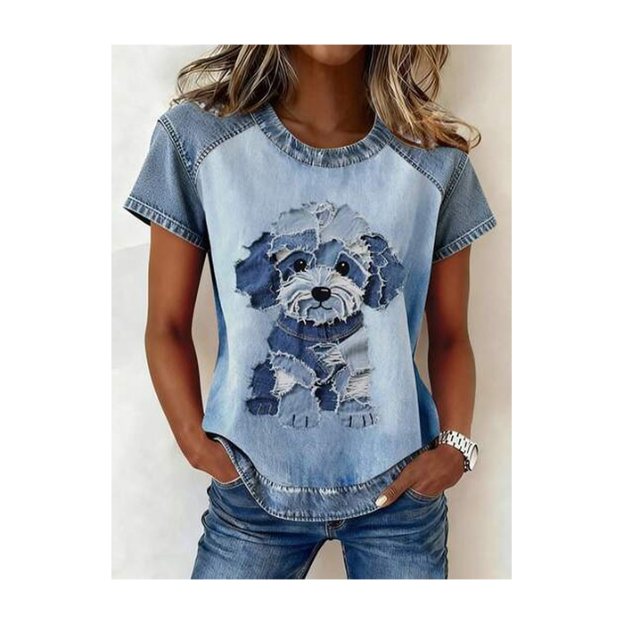 Women Dog Short Sleeve Tee T-shirt Crew Neck Printing Vintage Summer Top